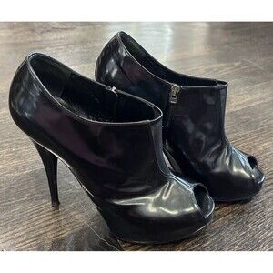 Fendi Black Patent Leather Heels EU 38.5 US 8 Peep Toe Mesh Booties Goth‎ Rave